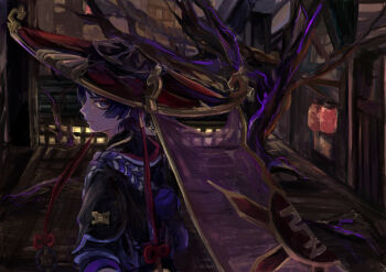 Rule 34 | 1boy, bare tree, black hat, black kimono, black sleeves, blunt ends, bright pupils, closed mouth, commentary request, eyeliner, from side, genshin impact, gold, gold trim, hat, indoors, japanese clothes, jewelry, jingasa, juban, kimono, lantern, looking at viewer, makeup, male focus, neck ring, paper lantern, purple bag, purple eyes, purple hair, purple rope, purple veil, red eyeliner, red hat, red kimono, rope, scaramouche (genshin impact), shimenawa, shiramigame, short sleeves, smile, solo, tree, tsurime, two-tone hat, veil, white kimono, white pupils, white rope