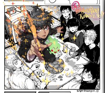 Rule 34 | 6+boys, artist name, black hair, blonde hair, bottle, character request, clock, monochrome background, commentary, ekubo (mob psycho 100), food, fruit, gakuran, hanazawa teruki, highres, kageyama ritsu, milk bottle, mob psycho 100, multiple boys, orange (fruit), orange peel, pigeon666, psychic, rabbit ears antenna, reigen arataka, salt middle school uniform, school uniform, short hair, television, through medium, through screen, yoshioka mamoru