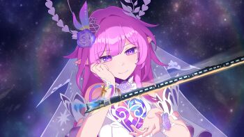 1girl absurdres astral_express_(honkai:_star_rail) bare_shoulders breasts bridal_veil commentary_request cyrene_(demiurge)_(honkai:_star_rail) cyrene_(honkai:_star_rail) diamond-shaped_pupils diamond_(shape) dress flower giant giantess hair_flower hair_ornament halo highres honkai:_star_rail honkai_(series) large_breasts long_hair luluo pink_hair pointy_ears purple_eyes smile solo space symbol-shaped_pupils veil very_long_hair white_dress