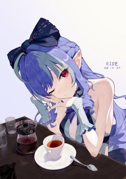 1girl absurdres ahoge artist_name bare_shoulders black_bow bow bowtie breasts clothing_cutout coffee coffee_pot commentary_request cup drill_hair drill_sidelocks drinking_glass efmeng fingernails frilled_one-piece_swimsuit frilled_wrist_cuffs frills hair_bow hair_intakes head_rest heart_cutout highres long_hair looking_at_viewer medium_breasts no_mole official_alternate_costume one-piece_swimsuit one_eye_closed own_hands_together parted_lips plate pointy_ears purple_bow purple_bowtie purple_hair purple_nails red_eyes see-through_clothes sideboob_cutout sidelocks sitting solo spoon swimsuit table two-tone_one-piece_swimsuit upper_body vivian_banshee vivian_banshee_(iris_of_the_shore) white_background white_one-piece_swimsuit wrist_cuffs zenless_zone_zero