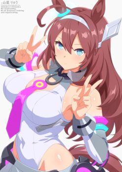 Rule 34 | 1girl, ahoge, animal ears, bare shoulders, blue eyes, blush, breasts, brown hair, closed mouth, detached sleeves, double v, grey hairband, grey leotard, grey skirt, grey sleeves, hair between eyes, hairband, highleg, highleg leotard, highres, horse ears, horse girl, horse tail, large breasts, leotard, long hair, looking at viewer, lowleg, lowleg skirt, mihono bourbon (mb-19890425) (umamusume), mihono bourbon (umamusume), necktie, pink necktie, silver hairband, simple background, skirt, solo, tail, thighhighs, umamusume, v, white background, white leotard, white thighhighs, yamaboshi ryuu