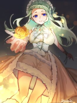 1girl asakura_shion blue_eyes blurry bokeh bonnet bow breasts clair_vaux_bernardus classic_lolita commentary corset cropped_legs depth_of_field dress fingernails floating_hair flower frilled_bonnet frills fur-trimmed_dress fur_trim green_bow green_eyes grey_background hand_up highres large_breasts lolita_fashion looking_at_viewer rose sidelocks signature solo umineko_no_naku_koro_ni white_bow white_corset yellow_flower yellow_rose