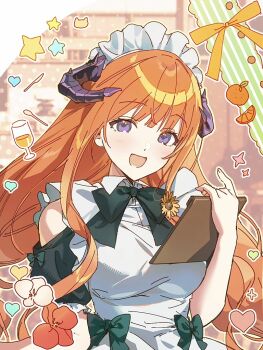 1girl :d arknights bagpipe_(arknights) bare_shoulders bow bowtie clothing_cutout dress frills green_bow green_bowtie heart holding light_blush long_hair looking_at_viewer maid maid_headdress open_mouth orange_hair purple_eyes qinglai_haiji shoulder_cutout smile solo sparkle star_(symbol) upper_body white_dress