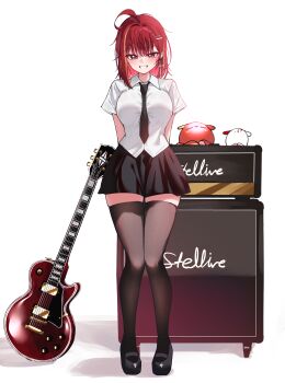 Rule 34 | 1girl, absurdres, ahoge, akane lize, between breasts, black necktie, black shoes, black skirt, black thighhighs, blush, breasts, collared shirt, commentary, copyright name, creature, cross, cross earrings, dated commentary, earrings, electric guitar, full body, grey eyes, grin, guitar, hair intakes, hair ornament, hairclip, highres, instrument, jewelry, knees together feet apart, large breasts, looking at viewer, mary janes, medium hair, miniskirt, multicolored hair, necktie, necktie between breasts, pienna (akane lize), pleated skirt, red hair, school uniform, shirt, shoes, short sleeves, simple background, single earring, skirt, smile, solo, standing, stellive, straight-on, streaked hair, thighhighs, virtual youtuber, white background, white shirt, wing collar, wispy bangs, yeomhwauranyum, zettai ryouiki