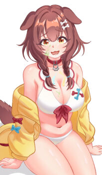 1girl :3 :d adapted_costume animal_ears bikini bone_hair_ornament braid breasts brown_eyes brown_hair cleavage collar commentary_request dog_ears dog_girl dog_tail hair_ornament highres hololive inugami_korone inugami_korone_(1st_costume) jacket large_breasts looking_at_viewer medium_hair navel open_mouth red_collar rorol_reime smile solo swimsuit tail twin_braids virtual_youtuber white_background white_bikini yellow_jacket