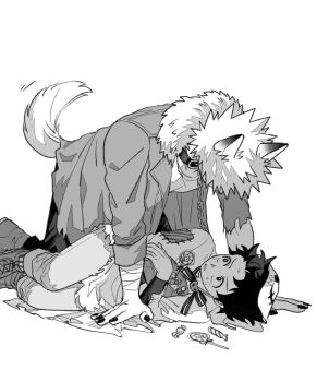 2boys animal_ears bakugou_katsuki bandaged_arm bandages belt belt_buckle belt_collar boku_no_hero_academia boots bow bowtie buckle candy chain collar commentary english_commentary fingernails food freckles fur-trimmed_jacket fur_trim ghost_costume halloween_costume highres hood hood_up jacket kemonomimi_mode labhu lapels lollipop looking_at_another lying male_focus midoriya_izuku multiple_boys nail_polish nervous_sweating official_alternate_costume on_side pants sharp_fingernails simple_background sweat tail torn_clothes torn_sleeves white_background wolf_boy wolf_ears wolf_tail