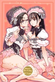 Rule 34 | 2girls, absurdres, artist name, asymmetrical docking, black-framed eyewear, black bow, black bowtie, black eyes, black hair, bow, bowtie, breast press, breasts, character name, choppy bangs, cleavage, closed mouth, commentary request, dated commentary, dress, fanged bangs, finger heart, fishnet thighhighs, fishnets, forehead, frilled dress, frilled sleeves, frilled thighhighs, frilled wrist cuffs, frills, gingham clothes, gingham dress, glasses, grabbing another's chin, hand on another's chin, happy birthday, highres, kaname ai, kson, kson (person), large breasts, long hair, looking at another, looking at viewer, maid headdress, matching outfits, microdress, multiple girls, no shoes, one eye closed, over-kneehighs, pink headdress, pink wrist cuffs, puckered lips, puffy short sleeves, puffy sleeves, real life, red background, short sleeves, sideways glance, sitting, sleeve garter, soles, sparkle background, striped bow, striped clothes, striped dress, thighhighs, thighs, toro astro, twitter username, underbutt, vertical-striped clothes, vertical-striped dress, white bow, white dress, wrist cuffs, yokozuwari