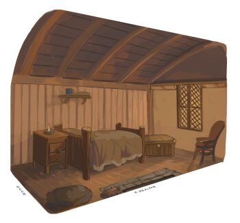 bed bed_sheet bedroom chair cup drawer greekceltic no_humans original pillow scenery shelf tavern window wooden_ceiling wooden_chair wooden_floor wooden_wall