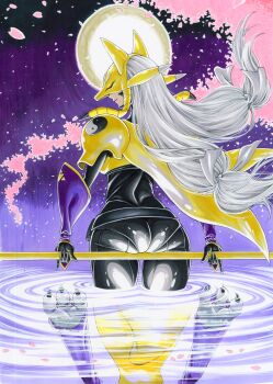 Rule 34 | 1girl, ass, black bodysuit, bodysuit, cherry blossoms, different reflection, digimon, digimon (creature), digimon tamers, fox mask, from behind, full body, highres, holding, holding staff, long hair, mask, miura satoru, petals, reflection, renamon, sakuyamon, solo, staff