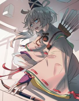 1girl absurdres ametonalu archery_shooting_glove arrow_(projectile) blue_eyes blue_hat bow_(weapon) gloves grey_hair hat highres japanese_clothes kariginu long_hair looking_to_the_side mononobe_no_futo open_mouth partially_fingerless_gloves pom_pom_(clothes) quiver ribbon-trimmed_sleeves ribbon_trim solo tate_eboshi torii touhou unfinished weapon wide_sleeves