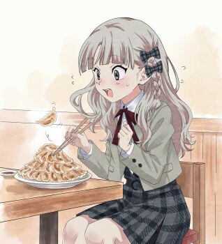 Rule 34 | 1girl, 22/7, absurdres, belt buckle, black bow, black skirt, bow, braid, buckle, chair, chopsticks, clenched hand, commentary request, dumpling, feet out of frame, food, grey eyes, grey hair, grey jacket, hair bow, highres, holding, holding chopsticks, indoors, jacket, jiaozi, long hair, long sleeves, looking at food, motion lines, nagamine kaede, neck ribbon, on chair, open mouth, plaid bow, plaid clothes, plaid skirt, plate, pleated skirt, red ribbon, ribbon, school uniform, shirt, side braid, single braid, sitting, skirt, solo, sweatdrop, table, teeth, upper teeth only, uwuvppeofftjdpl, wavy hair, white shirt, wooden table