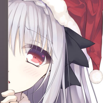 1girl black_bow blush bow close-up coffee1223 commentary_request eyelashes eyes_visible_through_hair grey_hair hair_between_eyes hair_bow hat long_hair looking_at_viewer open_mouth peeking_out red_eyes sakurakouji_luna santa_hat simple_background solo tsuki_ni_yorisou_otome_no_sahou white_background