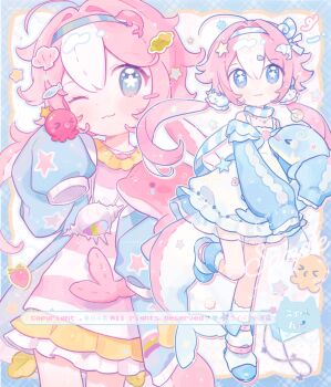 >_< 1girl :3 ;3 blue_eyes blue_hairband blue_shoes blush closed_mouth commentary double-parted_bangs dress fanqiealxe frilled_sleeves frills full_body hair_between_eyes hair_intakes hairband highres long_hair long_sleeves looking_at_viewer low_twintails multicolored_hair multiple_views octopus off-shoulder_dress off_shoulder one_eye_closed original pink_dress pink_hair shoes sleeves_past_fingers sleeves_past_wrists smile socks standing standing_on_one_leg star-shaped_pupils star_(symbol) striped_clothes striped_dress symbol-only_commentary symbol-shaped_pupils twintails two-tone_hair white_background white_dress white_hair white_socks