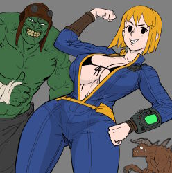 Rule 34 | 1girl, absurdres, bb (baalbuddy), bodysuit, breasts, colorized, creature, deathclaw, fallout (series), greyscale, highres, large breasts, looking at viewer, medium breasts, monochrome, navel, pip boy, smile, solo, super mutant, thumbs up, vault girl, vault suit