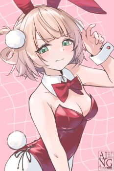 Rule 34 | 1girl, absurdres, animal ears, arm up, blonde hair, blush, bodypaint, bow, bowtie, breasts, cleavage, detached collar, embarrassed, fake animal ears, fake tail, green eyes, grid background, gx71-xemge, hair ornament, highres, indie virtual youtuber, leotard, one eye closed, painted clothes, pantyhose, playboy bunny, pom pom (clothes), pom pom hair ornament, rabbit ears, rabbit tail, red leotard, shigure ui (vtuber), short hair, tail, virtual youtuber, white pantyhose, wrist cuffs