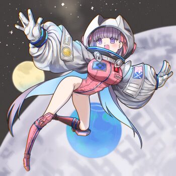 1girl bb_(fate) bb_cosmo_(fate) blush boots breasts earth_(planet) fate/grand_order fate_(series) full_body gloves grey_gloves grey_sleeves hair_ribbon helmet highleg highleg_leotard knee_boots large_breasts leotard long_hair long_sleeves moon open_mouth pink_boots pink_leotard pink_ribbon planet puffy_long_sleeves puffy_sleeves purple_eyes purple_hair ribbon shrug_(clothing) smile solo space_helmet spacesuit tyone very_long_hair