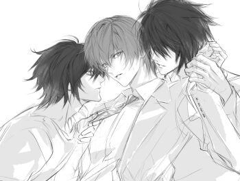3boys 8knff clone closed_mouth clothes_grab commentary_request death_note greyscale l_(death_note) looking_at_another male_focus monochrome multiple_boys necktie neckwear_grab short_hair simple_background unfinished upper_body white_background yagami_light yaoi