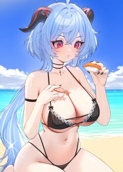 1girl absurdres alternate_costume arm_strap beach bikini black_bikini black_nails blue_hair blue_sky breasts choker cross cross_choker eating food ganyu_(genshin_impact) genshin_impact goat_horns highres holding holding_food horizon horns large_breasts navel nemuaki ocean red_eyes sitting sky stomach sushi swimsuit