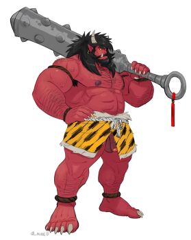 1boy abs armpit_hair armpit_hair_peek back_hair bara beard bobun_ad club club_(weapon) colored_sclera colored_skin connected_beard earrings facial_hair flaccid full_beard full_body hairy hoop_earrings huge_weapon jewelry kanabou large_pectorals loincloth long_hair male_focus mature_male monster_boy muscular muscular_male navel_hair nipples oni original pectorals penis profile red_oni red_skin setsubun sharp_toenails sidelocks solo sparse_leg_hair spiked_club standing stomach strongman_waist thick_arm_hair thick_beard thick_chest_hair thick_eyebrows thick_thighs thighs toenails topless_male uncensored weapon yellow_sclera