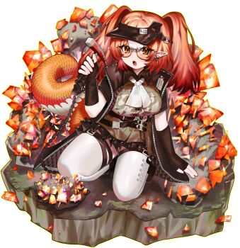 1girl absurdres arknights black_gloves breasts camouflage camouflage_jacket chain chili_pepper_earrings comiclove1314 commentary_request crystal fangs fingerless_gloves glasses gloves hammer highres holding holding_hammer jacket kneeling large_breasts long_hair looking_at_viewer open_mouth orange_eyes orange_hair pointy_ears reptile_girl semi-rimless_eyewear skirt snake_girl snake_tail solo tail thick_tail thighhighs under-rim_eyewear visor_cap white_thighhighs wulfenite_(arknights) zettai_ryouiki