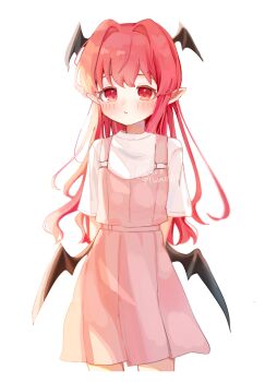1girl :/ absurdres alternate_costume arms_behind_back bat_wings blush casual commentary cropped_legs demon_girl dress head_wings highres koakuma long_hair looking_at_viewer loveplum0510 overall_skirt overalls pink_dress pink_overalls pointy_ears red_eyes red_hair shirt short_sleeves simple_background solo straight_hair thighs touhou twitter_username very_long_hair white_background white_shirt wings