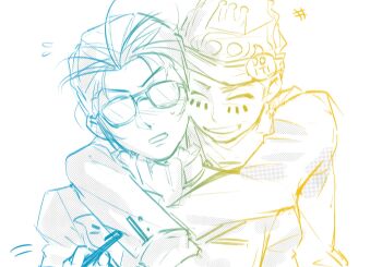 2boys badge button_badge catfish05 closed_eyes colored_lineart commentary glasses gradient_lineart hat highres hug hug_from_behind inaba_masao long_sleeves male_focus multiple_boys nanjou_kei opaque_glasses open_mouth persona persona_1 short_hair simple_background smile symbol-only_commentary upper_body white_background