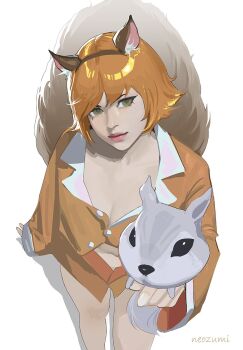 1girl animal_ears body_freckles freckles green_eyes highres looking_at_viewer marvel marvel_rivals neozumi shirt short_hair solo squirrel_ears squirrel_girl squirrel_girl_(marvel) squirrel_tail tail thigh_freckles tippy-toe white_background