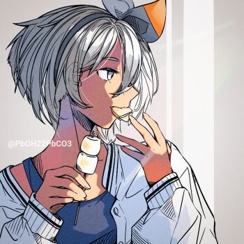 1girl alternate_costume bea_(pokemon) bow_hairband buttons commentary_request eating eyelashes food grey_eyes grey_hair hairband hands_up holding holding_skewer jacket long_sleeves looking_to_the_side marshmallow nintendo open_clothes open_jacket pboh22pbco3 pokemon pokemon_swsh shirt short_hair skewer sleeveless sleeveless_shirt solo upper_body white_jacket