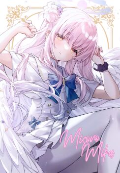 1girl angel_wings blue_archive blue_bow blush bow breasts buttons capelet commentary_request double-breasted dress feathered_wings flower gold_trim hair_bun hair_flower hair_ornament halo hezi_(measukivov) highres long_hair looking_at_viewer low_wings medium_breasts mika_(blue_archive) pantyhose parted_lips pink_halo scrunchie single_hair_bun single_side_bun solo very_long_hair white_capelet white_dress white_pantyhose white_wings wing_ornament wings wrist_scrunchie yellow_eyes