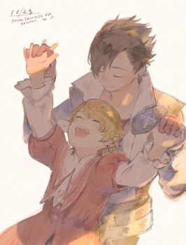 2boys black_hair black_jacket blonde_hair brothers child clive_rosfield closed_eyes closed_mouth coat copyright_name dated final_fantasy final_fantasy_xvi hair_slicked_back highres holding_hands interlocked_fingers j2_path jacket joshua_rosfield light_blush light_smile male_focus multiple_boys open_mouth red_coat shirt short_hair siblings smile upper_body white_shirt