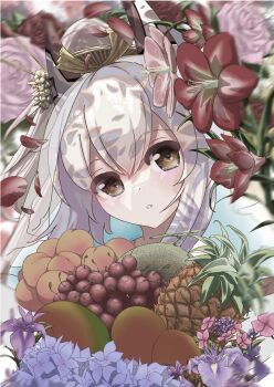 1girl ayanami_(azur_lane) azur_lane blonde_hair blush cherry commentary_request expressionless flower food fruit hair_between_eyes headgear highres long_hair looking_at_viewer mango parted_lips partial_commentary pineapple pink_flower ponytail purple_flower red_flower sawada_takiguchi solo upper_body very_long_hair yellow_eyes