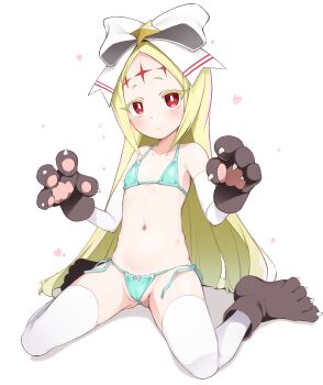 1girl animal_hands aqua_bikini bare_shoulders bikini black_footwear black_gloves blonde_hair blush bow bow_bikini bright_pupils cameltoe claw_pose claws closed_mouth collarbone commentary_request cross cross_facial_mark elbow_gloves expressionless facial_mark flat_chest forehead forehead_mark full_body gloves gluteal_fold hair_bow hair_ornament hands_up heart heart_background highres loli long_hair looking_at_viewer mahou_shoujo_ni_akogarete micro_bikini morino_korisu navel nekono_matatabi nero_alice parted_bangs paw_gloves paw_shoes red_hair side-tie_bikini_bottom simple_background sitting star_(symbol) star_hair_ornament string_bikini swimsuit thick_eyebrows thighhighs wariza white_background white_bow white_gloves white_pupils white_thighhighs