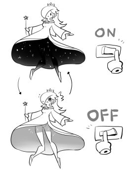 1girl ^^^ arrow_(symbol) bare_shoulders blush breasts cleft_of_venus closed_mouth crown disembodied_hand dress earrings embarrassed english_text female_focus flying_sweatdrops full_body greyscale groin hair_over_one_eye happy holding jewelry long_hair long_sleeves mario_(series) monochrome multiple_views nintendo no_panties off_shoulder outstretched_arms pussy rariatto_(ganguri) rosalina shoes simple_background sketch small_breasts smile star_(symbol) super_mario_galaxy switch uncensored wand wavy_mouth white_background wide-eyed