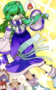 3girls aqua_shoes bare_shoulders blue_skirt blush_stickers closed_eyes collared_shirt detached_sleeves fire frog frog_hair_ornament gohei green_eyes green_hair hair_ornament hair_tubes holding holding_gohei ichirugi jewelry kochiya_sanae leaf_hair_ornament long_hair long_skirt mirror moriya_suwako multiple_girls necklace open_mouth outstretched_arms print_skirt purple_hair purple_shirt red_shirt rope shirt shoes single_hair_tube single_sidelock skirt smile snake_hair_ornament socks star_(symbol) touhou turtleneck undefined_fantastic_object white_shirt white_sleeves wide_sleeves yasaka_kanako