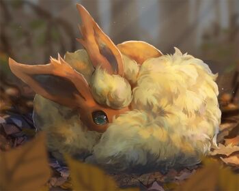 blurry blurry_background commentary_request flareon fluffy forest gen_1_pokemon green_eyes leaf light_particles looking_at_viewer lying momomo12 nature nintendo no_humans on_side one_eye_covered outdoors pokemon pokemon_(creature) pokemon_focus sunlight twitter_username