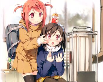 2girls animal_print bag black_thighhighs blue_coat blush brown_coat brown_hair brown_pantyhose can canned_coffee cat_print charm_(object) coat dot_nose drink drink_can grin hair_between_eyes hair_ornament hair_ribbon hair_scrunchie hand_on_another's_cheek hand_on_another's_face heater highres indoors kantoku kerosene_heater kurumi_(kantoku) long_hair multiple_girls nose_blush one_side_up open_mouth original pantyhose plaid_clothes plaid_scarf plaid_skirt print_scarf red_eyes red_hair ribbon scarf school_bag scrunchie shizuku_(kantoku) short_hair sidelocks single_sidelock skirt sleeves_past_wrists smile surprised swept_bangs thighhighs two_side_up white_ribbon zettai_ryouiki