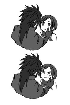 1boy 1girl bare_shoulders black_gloves black_hair black_shirt cloak final_fantasy final_fantasy_vii final_fantasy_vii_rebirth final_fantasy_vii_remake glaring gloves greyscale hand_on_another&#039;s_cheek hand_on_another&#039;s_face highres long_hair looking_at_another monochrome s_m_man sharp_teeth shirt short_hair sleeveless sleeveless_turtleneck squeezing_cheeks teeth turtleneck upper_body vincent_valentine yuffie_kisaragi