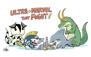 alligator alligator_loki character_request commentary_request creature creature_focus crocodilian crossed_arms crossover english_text fake_horns fins gills gold_helmet gurihiru helmet horned_helmet horns jeff_(marvel) marvel monster no_humans shark sharp_teeth tail teeth thor_(marvel)_(series) ultra_series white_background