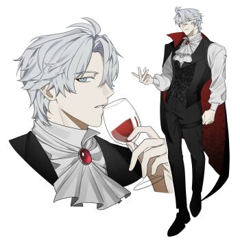 1boy alternate_costume antenna_hair ascot black_coat black_pants black_shoes black_vest blue_eyes coat coat_on_shoulders commentary halloween_costume highres honkai:_star_rail honkai_(series) male_focus pants parted_bangs phainon_(honkai:_star_rail) shirt shoes short_hair simple_background solo vest white_ascot white_background white_shirt wish_0812