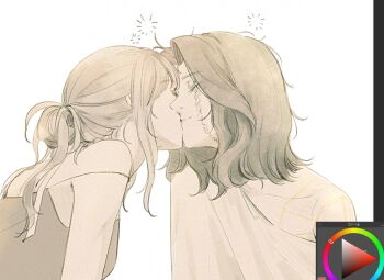 2girls art_program_in_frame camisole clair_obscur:_expedition_33 closed_eyes color_wheel commentary_request hoj_duck kiss korean_commentary long_hair lune_(clair_obscur:_expedition_33) medium_hair monochrome multiple_girls ponytail sciel_(clair_obscur:_expedition_33) shirt squeans upper_body yuri