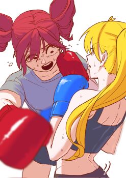Rule 34 | 2girls, akita neru, bikini, blonde hair, boxing gloves, catfight, kasane teto, multiple girls, red eyes, red hair, seoli 137, swimsuit, tagme, utau, vocaloid