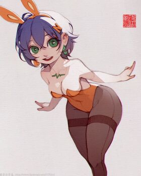 1girl animal_ears bare_shoulders belle_(zenless_zone_zero) blue_hair breasts earrings fake_animal_ears gradient_background green_eyes hair_ornament highres jewelry leotard letter_hair_ornament looking_at_viewer medium_breasts open_mouth pantyhose playboy_bunny rabbit_ears short_hair simple_background smile solo standing strapless strapless_leotard thighs zenless_zone_zero zhaoyebai