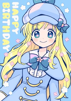 Rule 34 | 1girl, absurdres, blonde hair, blue background, blue eyes, blush stickers, bow, bowtie, capelet, cordelia glauca, deerstalker, dress, flower, flower-shaped pupils, hair flower, hair ornament, happy birthday, hat, hat bow, highres, long hair, long sleeves, smile, solo, symbol-shaped pupils, tantei opera milky holmes, tsunoji, very long hair