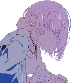 Rule 34 | 1girl, 25-ji luka, blue eyes, blunt bangs, bokutachi no seizon tousou (project sekai), breasts, choker, chyaaloo, closed mouth, collarbone, commentary request, corrupted twitter file, earrings, hair ornament, hairclip, hand on own knee, hand up, highres, jacket, jewelry, korean commentary, long sleeves, looking at viewer, medium breasts, megurine luka, necklace, official alternate costume, official alternate hair length, official alternate hairstyle, open clothes, open jacket, pink hair, project sekai, short hair, sidelocks, simple background, single off shoulder, smile, solo, tank top, tucking hair, upper body, vocaloid, white background, white tank top