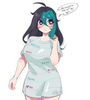 1girl ahoge akane_k0 akane_ko artist_logo ass_blush black_hair blush bottomless breasts brown_eyes commentary cursive cut-here_line dotted_line glasses green_hair heart heart-shaped_pupils heart_in_eye highres large_breasts like_and_retweet logo long_hair looking_to_the_side multicolored_hair naked_shirt no_pants original oversized_clothes oversized_shirt pointy_ears round_eyewear shiny_clothes shirt simple_background solo spanish_commentary spanish_text speech_bubble symbol-shaped_pupils symbol_in_eye t-shirt teeth twitter_cutting_game twitter_strip_game twitter_strip_game_parody two-tone_hair white_background white_shirt