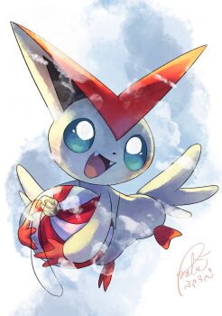 Rule 34 | animal focus, blue eyes, blue sclera, christmas ornaments, colored sclera, fangs, full body, gen 5 pokemon, highres, holding, legendary pokemon, mythical pokemon, nintendo, no humans, open mouth, pokemon, pokemon (creature), pokemon focus, purobe, smile, solo, victini