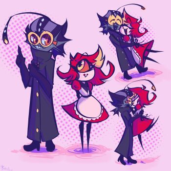 1boy 1girl :d ^_^ absurdres antennae apron arms_behind_back baxter_(hazbin_hotel) black_coat black_gloves black_hair blush blush_stickers boots buck_teeth closed_eyes coat colored_sclera colored_skin commentary couple dancing dress elbow_gloves extra_eyes eye_contact fangs fins full_body glasses gloves grey_skin grin halftone happy hazbin_hotel head_fins height_difference hellaverse hetero highres holding hug kiss long_coat looking_at_another maid maid_apron maid_headdress monster_boy monster_girl niffty_(hazbin_hotel) one-eyed open_mouth phone pink_background puffy_sleeves rainfynite red_dress red_eyes red_hair round_eyewear sharp_teeth short_hair simple_background smile standing symbol-only_commentary teeth tinted_eyewear u_u white_apron yellow_sclera