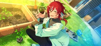 Rule 34 | 1boy, black pants, dirt, earrings, ensemble stars!, evil telephone (ensemble stars!), fingernails, floating clothes, floating hair, game cg, hands up, happy elements, jewelry, layered clothes, layered sleeves, long sleeves, looking at viewer, lower teeth only, multicolored hair, official art, open mouth, orange eyes, pants, plant, pov, red hair, sakasaki natsume, smile, solo, squatting, streaked hair, stud earrings, teeth, third-party source, two-tone hair, watch, watering can, white hair, wristwatch