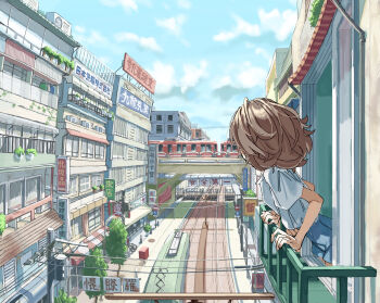 1girl blue_shorts blue_sky brown_hair building cloud day highres ivy japan lamppost looking_outside open_window original outdoors plant potted_plant power_lines shirt shirt_tucked_in short_hair short_sleeves shorts sign sky solo train tree utility_pole white_shirt window yoshioka_suke