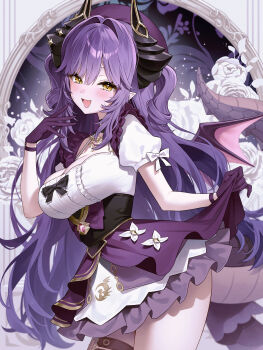 1girl absurdres black_choker breasts choker cleavage commentary_request cowboy_shot dragon_girl dragon_horns dragon_tail dragon_wings frilled_skirt frills fymrie gloves hat highres horns large_breasts long_hair looking_at_viewer open_mouth pointy_ears purple_gloves purple_hair purple_hat purple_skirt sakihane_huya shirt short_sleeves skirt smile solo stellive tail tail_raised two_side_up underbust very_long_hair virtual_youtuber white_shirt wings yellow_eyes